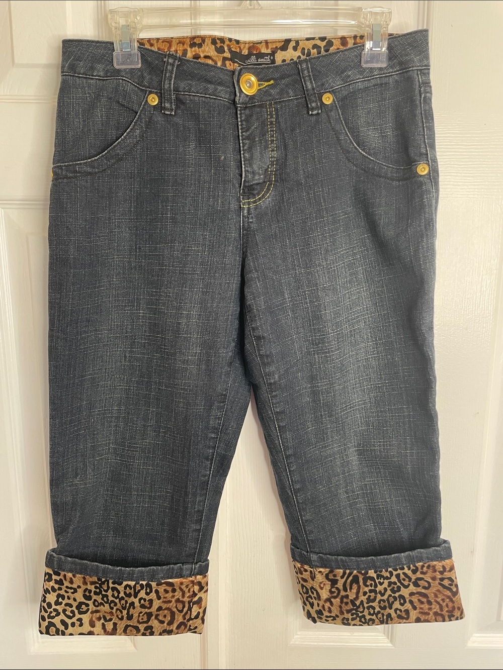 WILLI SMITH DARK WASH GRAY DENIM LEOPARD CUFF CROPPED JEANS VINTAGE PANTS SZ 6